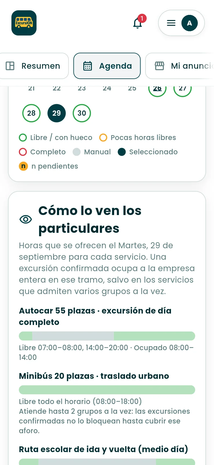 Agenda de la empresa con el calendario del mes, la leyenda de estados y el apartado Cómo lo ven los particulares con las horas libres y ocupadas de cada servicio.