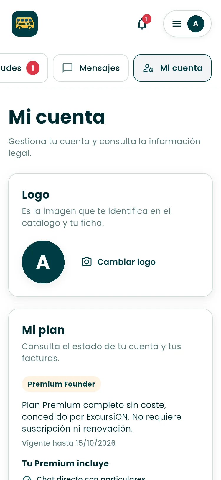 Pantalla Mi cuenta de la empresa con el apartado para cambiar el logo y el resumen de su plan Premium Founder.