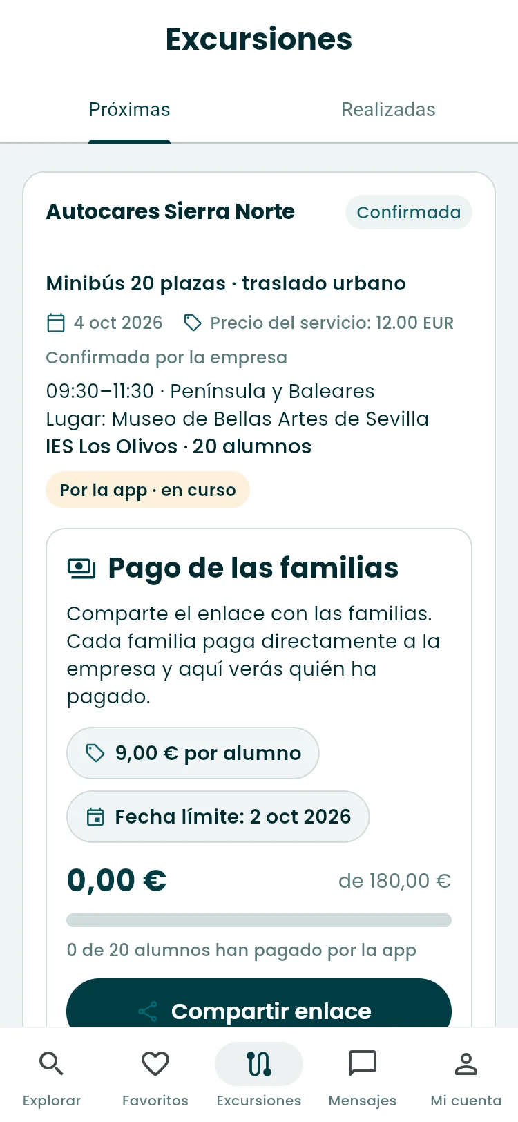 Vista del docente de una excursión confirmada por Autocares Sierra Norte con el bloque Pago de las familias: 9,00 € por alumno, fecha límite y alumnos que han pagado.