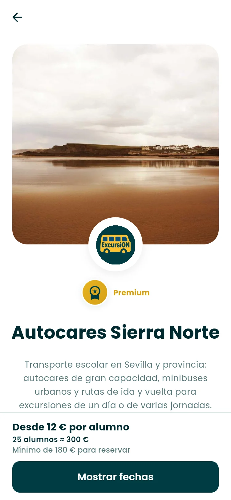 Ficha pública de Autocares Sierra Norte en ExcursiON con foto de portada, logo, distintivo Premium, descripción y precio desde 12 € por alumno con el botón Mostrar fechas.