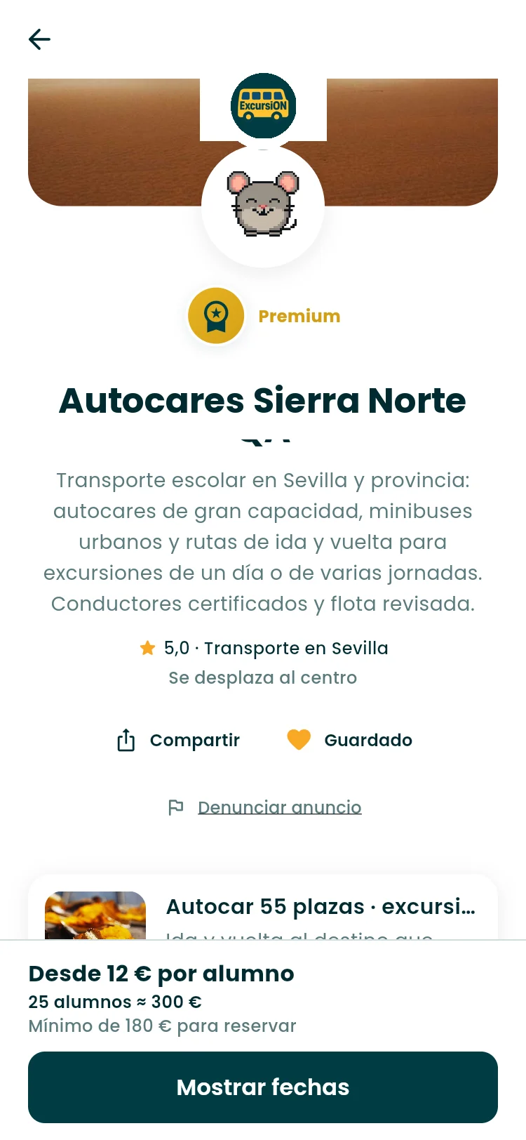 Ficha pública de una empresa de autocares con el distintivo Premium, valoración de 5,0, descripción, un servicio con foto y el precio desde 12 € por alumno.
