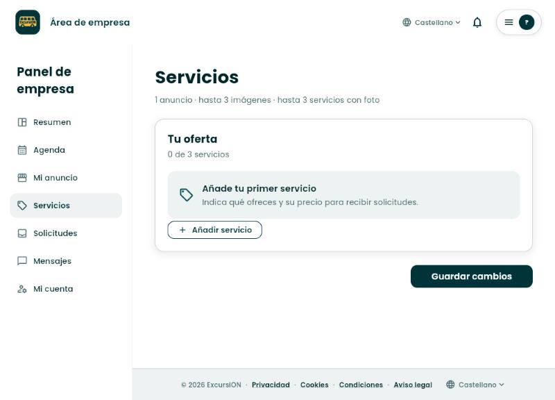 Sección Servicios vacía con el aviso Añade tu primer servicio y el botón Añadir servicio