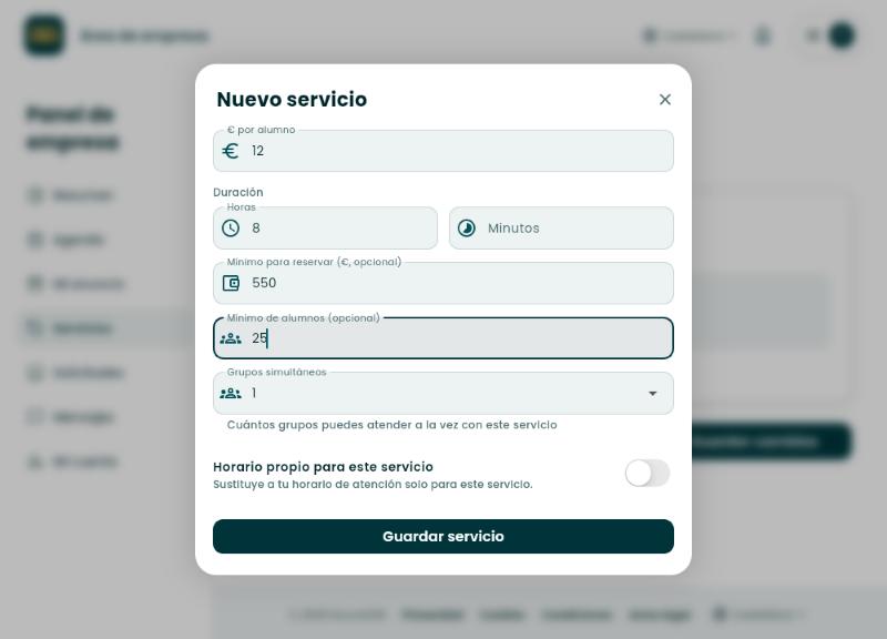 Segunda parte del formulario con 8 horas de duración, 550 euros de mínimo para reservar y 25 alumnos