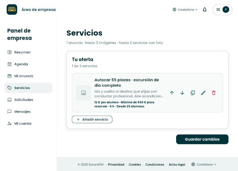 Lista de servicios con el servicio creado y el botón Guardar cambios