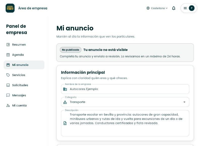 Sección Mi anuncio con el nombre, la categoría y la descripción de la empresa