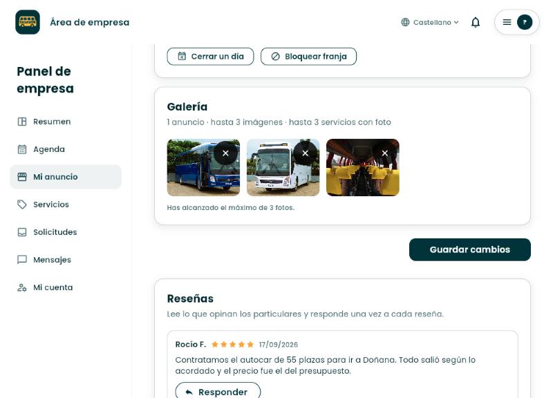Galería de Mi anuncio con tres fotos subidas y el botón Guardar cambios