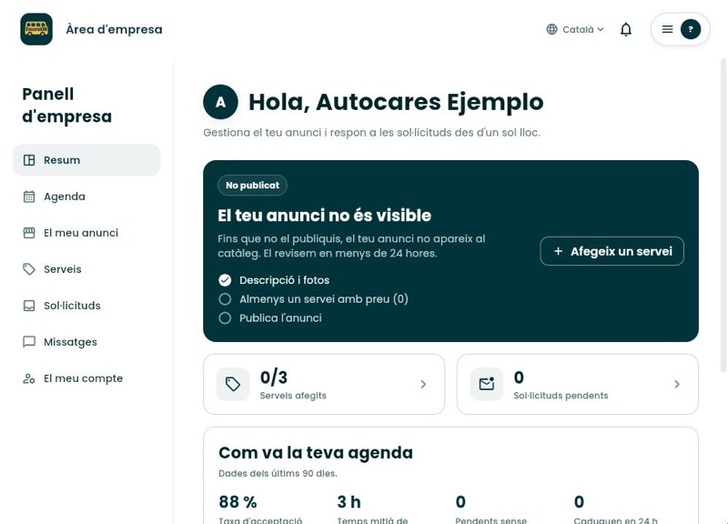 Resum del panell d'empresa amb la llista de passos per publicar i el botó Afegeix un servei