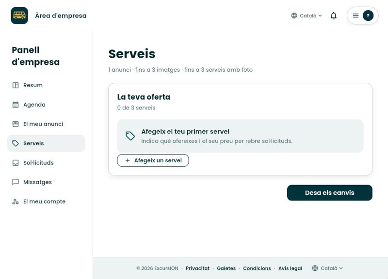 Secció Serveis buida amb l'avís Afegeix el teu primer servei i el botó Afegeix un servei