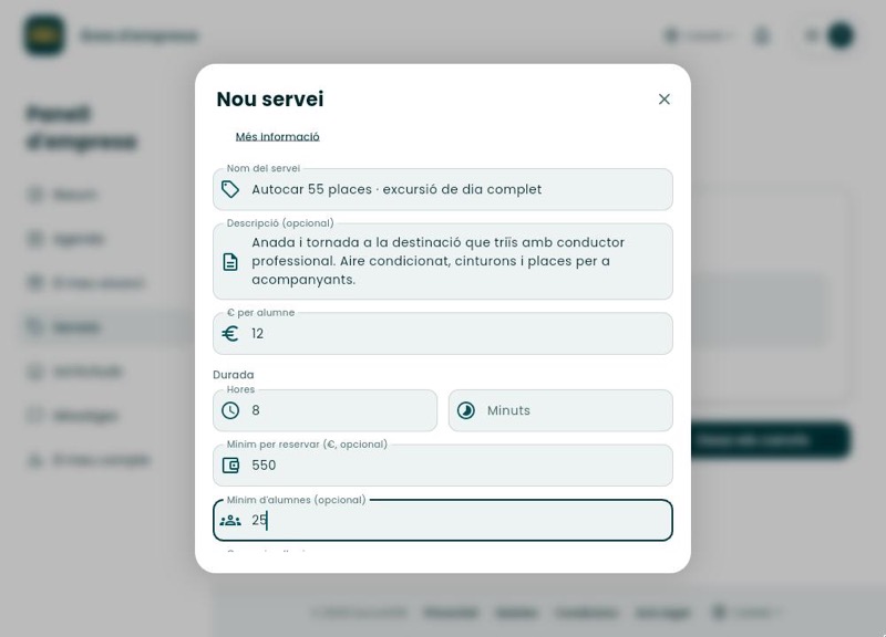 Segona part del formulari amb 8 hores de durada, 550 euros de mínim per reservar i 25 alumnes
