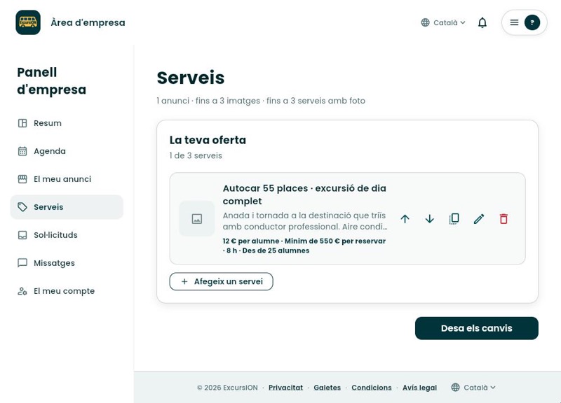 Llista de serveis amb el servei creat i el botó Desa els canvis
