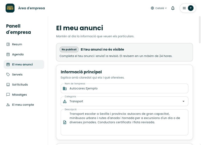 Secció El meu anunci amb el nom, la categoria i la descripció de l'empresa