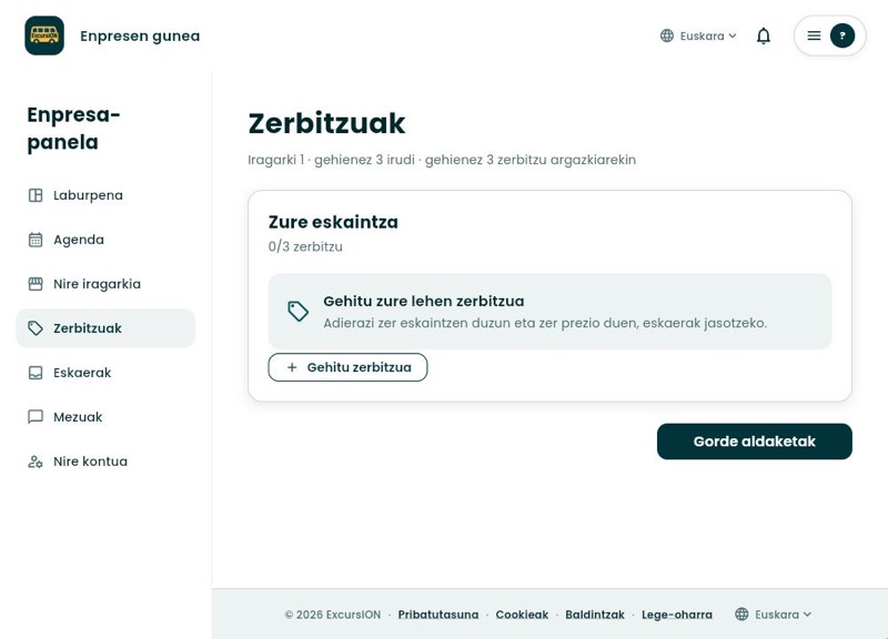 Zerbitzuak atala hutsik, Gehitu zure lehen zerbitzua oharrarekin eta Gehitu zerbitzua botoiarekin