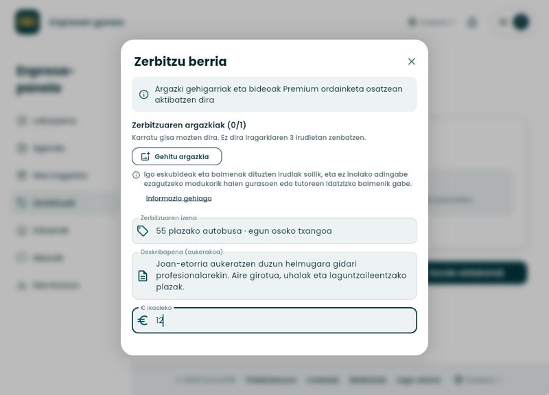 Zerbitzu berria formularioa, izena, deskribapena eta ikasleko zenbatekoa beteta