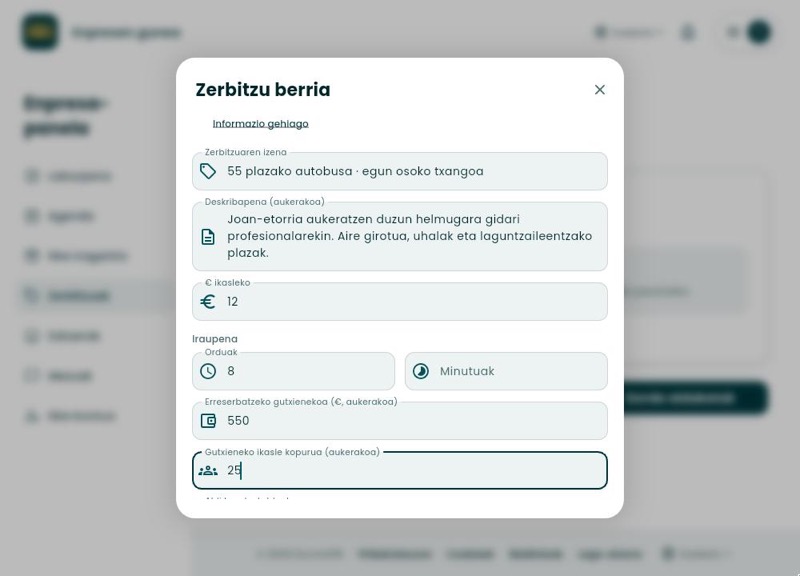 Formularioaren bigarren zatia, 8 orduko iraupenarekin, erreserbatzeko 550 euroko gutxienekoarekin eta 25 ikaslerekin