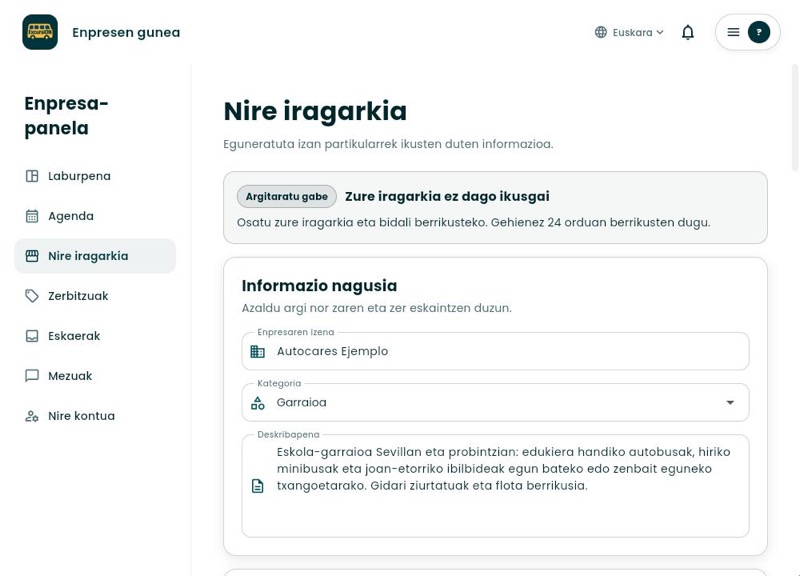 Nire iragarkia atala, enpresaren izenarekin, kategoriarekin eta deskribapenarekin