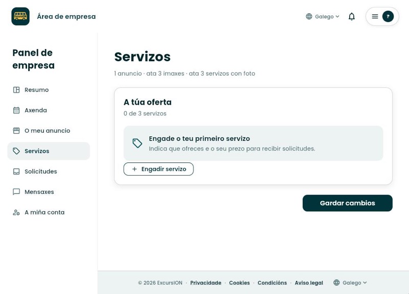 Sección Servizos baleira co aviso Engade o teu primeiro servizo e o botón Engadir servizo