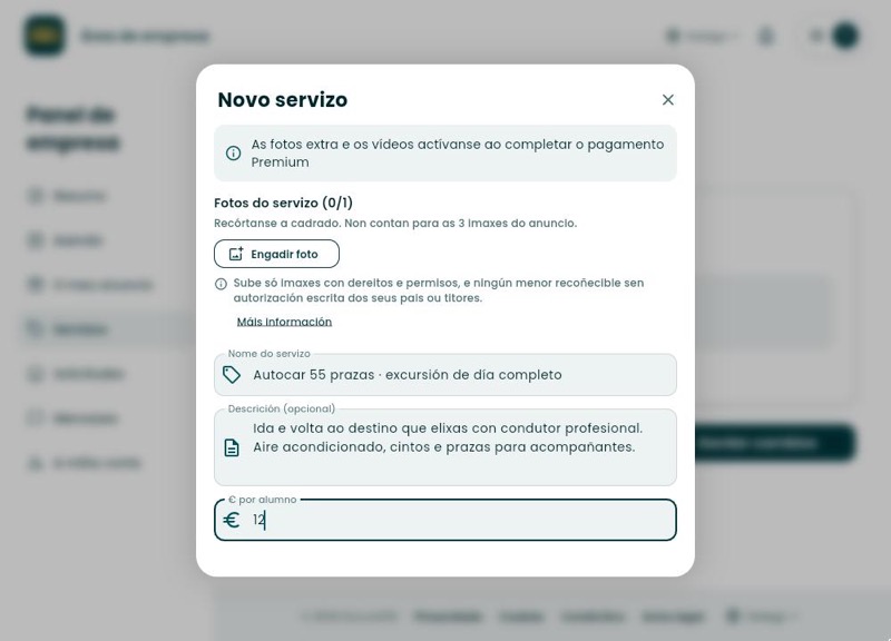 Formulario Novo servizo co nome, a descrición e o prezo por alumno cubertos