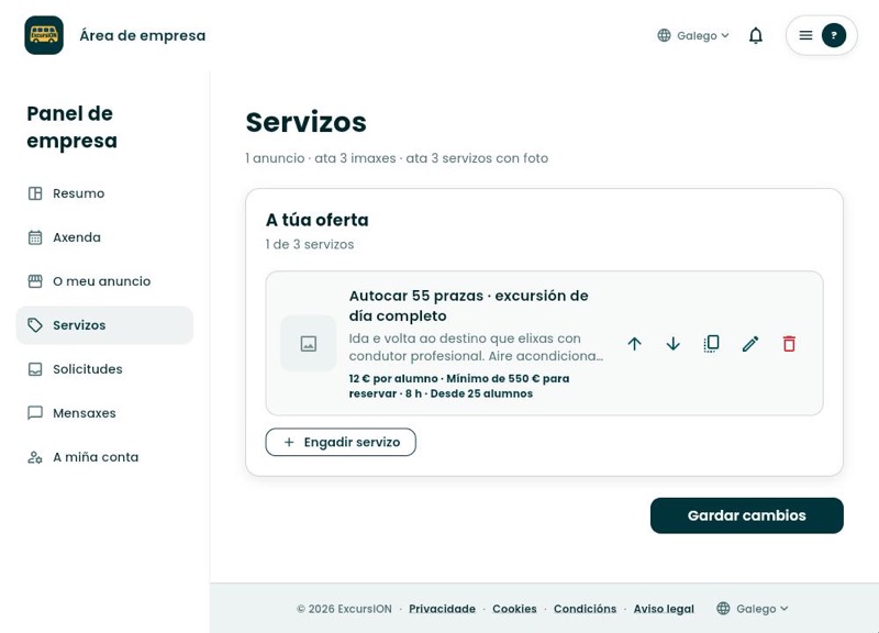Lista de servizos co servizo creado e o botón Gardar cambios