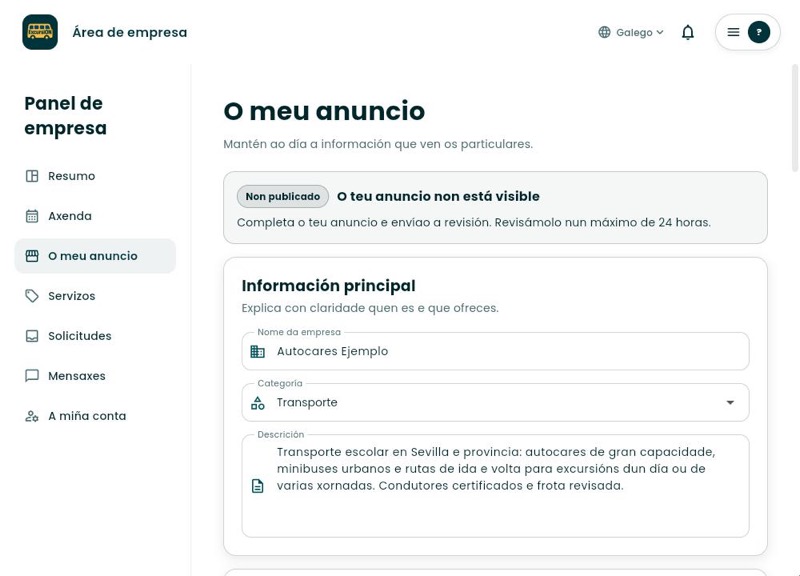 Sección O meu anuncio co nome, a categoría e a descrición da empresa